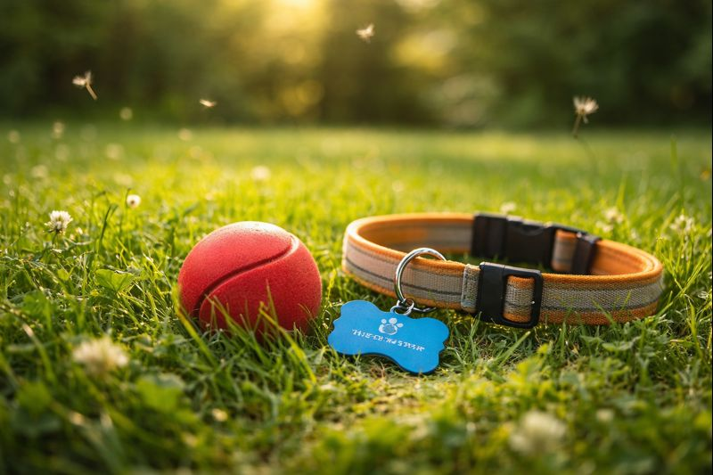 Pet collar with microchip identification tag on grass